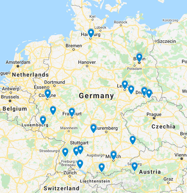 Map with pushpins dotted around Germany