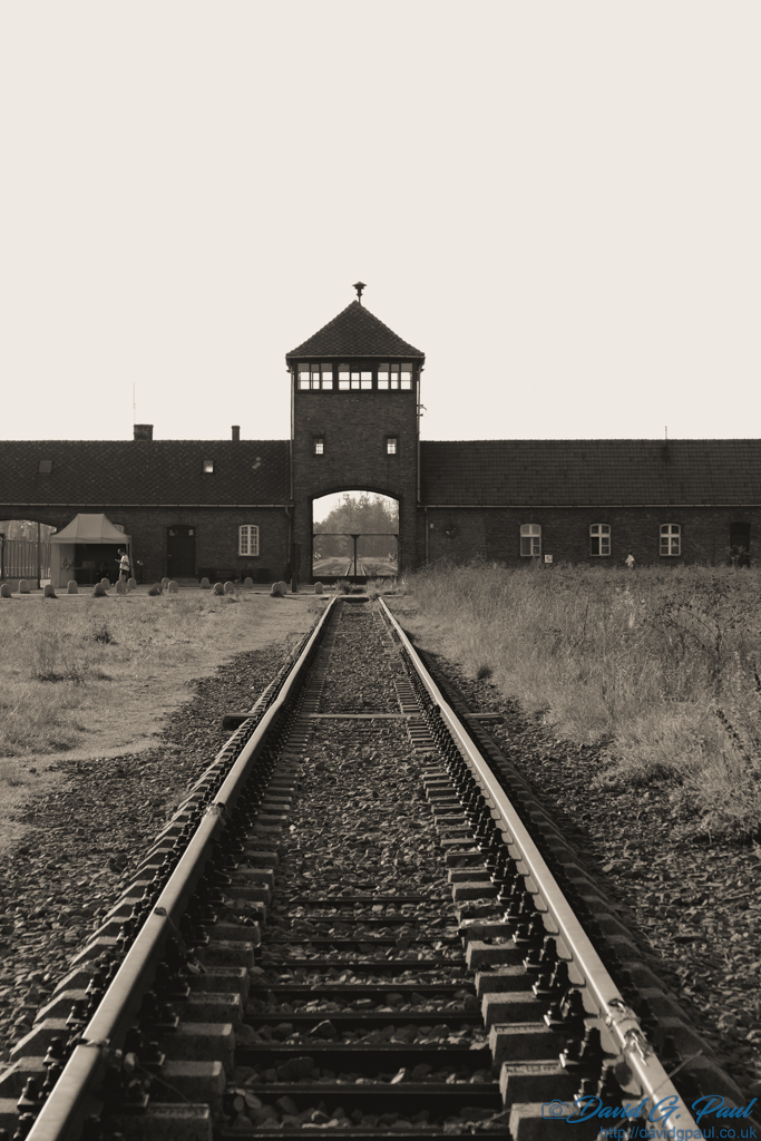 Auschwitz - Birkenau entrance and railway tracks